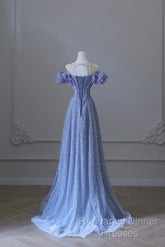 A Line Off The Shoulder Blue Long Semi Formal Prom Dress Evening Dresses